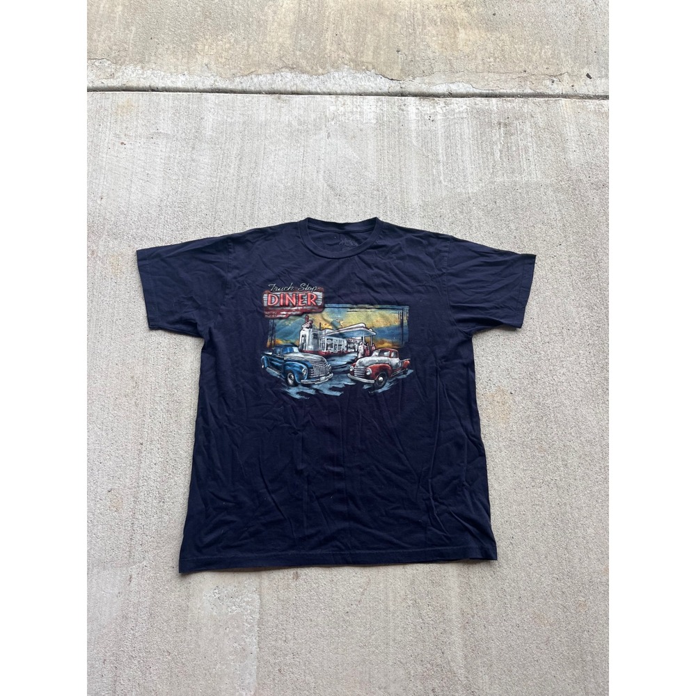 Lifestyle Classics Mens Truck Stop Diner Graphic T-Shirt Navy Blue XL Retro Car
